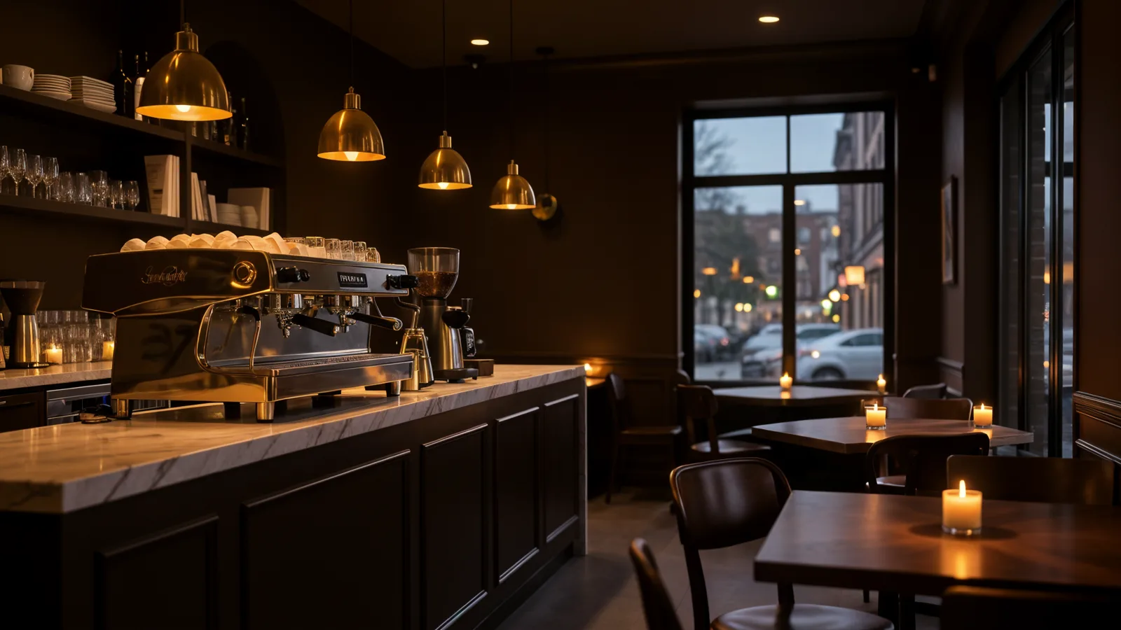 Dunkles, edles Café-Interieur mit goldenem Licht