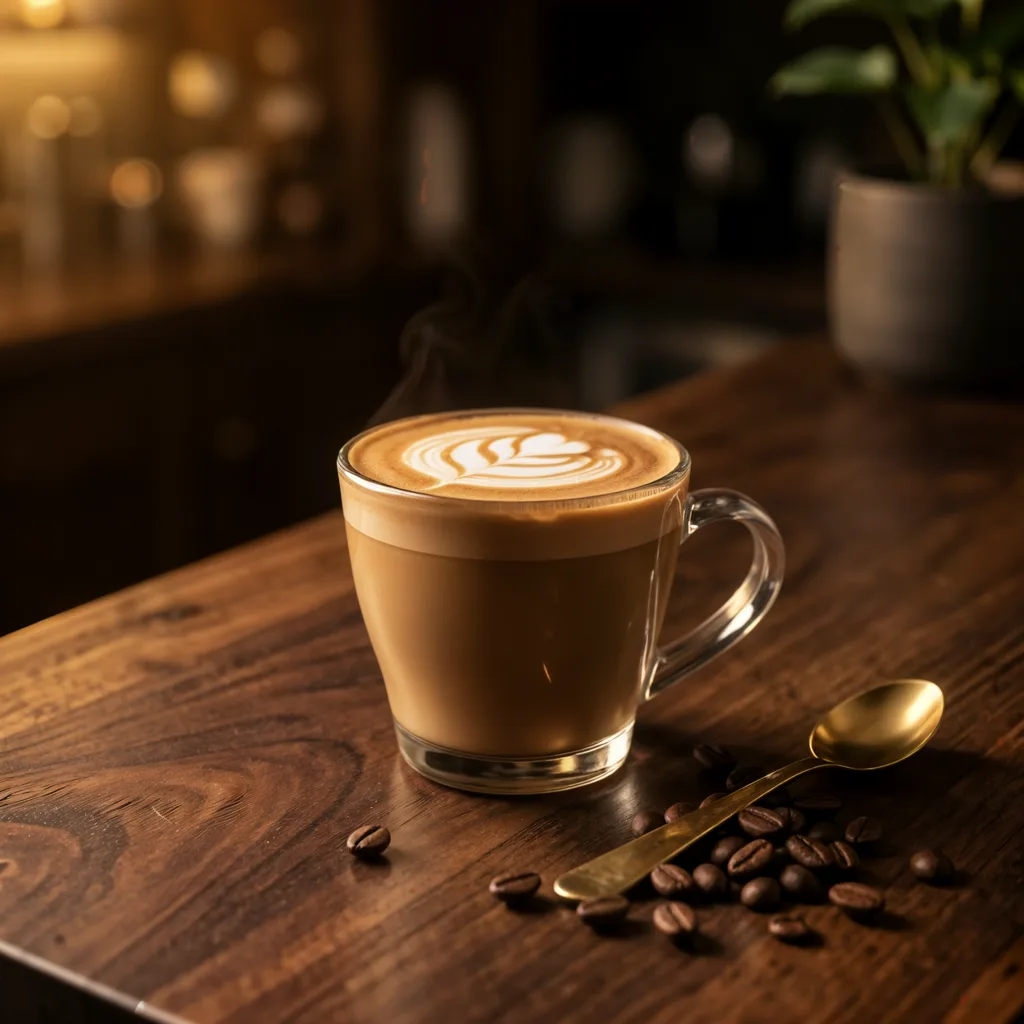 Caffè Latte mit Rosetta-Latte-Art im Glas auf dunklem Holz