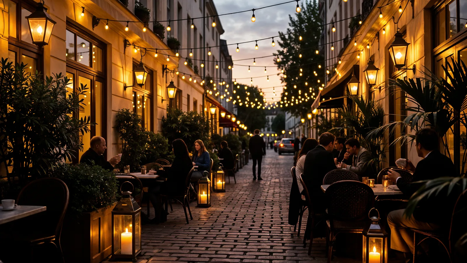 Abendliche Terrasse mit Lichterketten